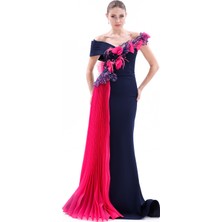 Bdm Exclusive Çiçek Aplikeli Drapeli Asimetrik Uzun Krep Abiye Elbise