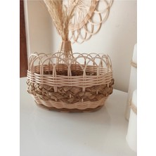 Handanca Hasır Bambu Rattan Ahşap Tabanlı Cok Amaclı Oval Sepet Ekmek Sepeti 17X12 cm