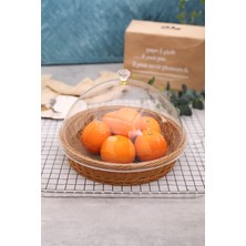 Handanca Rattan Plastik Kapaklı Rattan Ekmek Sepeti 30 cm Yuvarlak Hasır Meyve Ekmek Sepeti