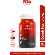 Pepech Iron-B Plus | Demir + C Vitamini, B6, B12 ve Folik Asit + Bakır | Enerji ve Kırmızı Kan Hücresi Oluşumu Için Günlük Demir Desteği | 90 Tablet – 3 Aylık Kullanım