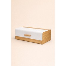 Mis Kitchen Beyaz Metal Kapaklı Bambu Ekmek Kutusu Ekmek Dolabı Bread Box 30X20X13,5 cm