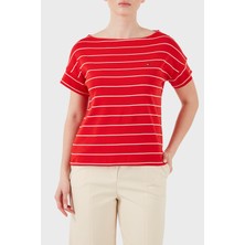Tommy Hilfiger % 100 Pamuk Çizgili Relaxed Fit Kayık Yaka T Shirt Bayan T Shirt WW0WW49723 0e4