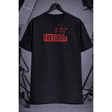 CC Collection Freedom Yazılı Siyah Oversize Tişört Unisex Sokak Stili Baskılı T-Shirt