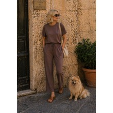 İbeeka Keten Efekt Tencel Kumaş Alt Üst Takım - Kahverengi Yeni Sezon - Kahverengi - S - ST01141-KAHVERENGİ-S