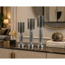 Mis Kitchen 3’lü Cam Silindir Mumluk Seti Metal Ayaklı Dekoratif Şamdan Modern Salon Masa Mumluğu