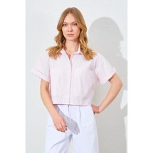 Manche Çift Cepli Düşük Kol Crop Gömlek - Pembe | MKS161448-01