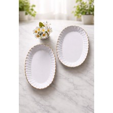Handanca Yaldızlı Oval Servis Tabağı, Sunum Tabağı, Salata Tabağı 2 Adet Beyaz Renk