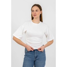 Hdm Kadın Ekru Yanları Büzgülü Kısa Kol T-Shirt - H6085