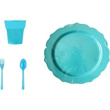 Omeyva 26 Cm. Plastik Mika Turkuaz Sorfa Piknik Seti - 12 Kişilik Tabak Bardak Çatal Kaşık Takımı