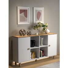Wood'n Love Nora Bohem Ledli Konsol - Çok Amaçlı Dolap 2 Kapak 4 Raflı - Atlantik Çam / Beyaz