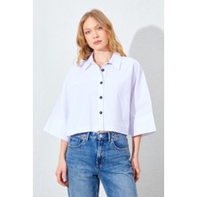 Manche Düşük Kol Çimalı Crop Poplin Gömlek - Beyaz | MKS161451-01