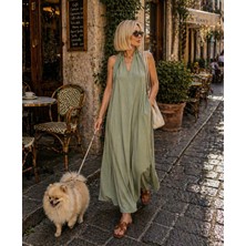 İbeeka Milano Flow Maxi Dökümlü Elbise  - Haki - L - ST01140-HAKİ-L