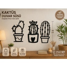 Serüven 3'lü Geometrik Kaktüs Saksı Figürlü Duvar Süsü (35X15CM) - Ahşap Lazer Kesim