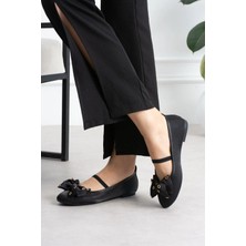 Shoetek Lowsi Kadın Babet Önden Bantlı Fiyonklu Siyah Saten