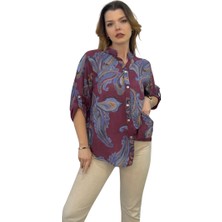 Etki Moda Kadın Çok Renk Desenli Italyan Stil Yarım Düğmeli Hakim Yaka Gömlek