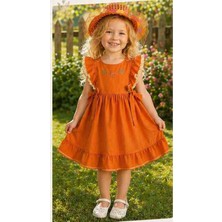 Lovinya Kids Turuncu Fırfırlı Nakış Detaylı Kız Çocuk Elbise ŞAPKA  HEDİYESİYLE