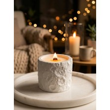 Aceleyolla Luxury Ay Desenli Beton Mum Ahşap Fitilli Dekoratif El Yapımı Şık Tasarım Beyaz