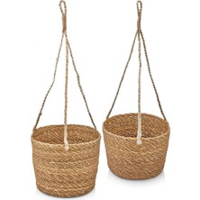 Dora Shopping 2' Asılabilir El Yapımı Doğal Yuvarlak Hasır Saksılık Seti, 2' Ipli Asılabilir Hasır Yuvarlak Saksı