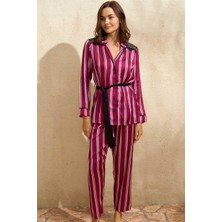 Bemy Store Saten Çizgili Düğmeli Uzun Kol Dantelli Gömlek ve Pantolon Pijama Takım (9765)