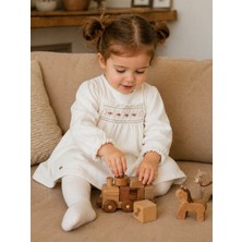 Kız Bebek Çocuk Kadife Elbise 0-36 Ay Çiçek Nakışlı Şık Bayramlık Nostaljik Ekru 13413