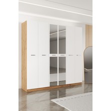 Aeka AE-2191 Hisar Atlantik Çam/beyaz Aynalı 6 Kapaklı Çok Bölmeli Askılı ve Raflı Geniş Hacimli Gardırop 210X210 cm