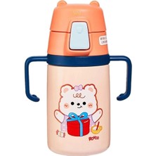 Dora Shopping 400ML Silikon Pipetli Sevimli Ayıcıklı Boyun Askılı Bebek Kulplu Paslanmaz (Turuncu)