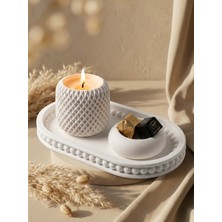 Aceleyolla Luxury Beton Mum ve Dekoratif Tepsi Seti Ahşap Fitilli Minimal Şık Tasarım Beyaz
