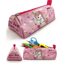 Dora Shopping Kalem Kutusu Unicorn Desenli Üçgen Kalemkutu Vegan Deri Kalemlik