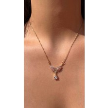 Angel Gold Pembe Beyaz Taşlı Zirkon Detaylı Melek Kanat Kadın Kolye