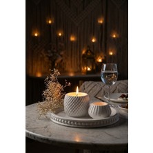 Aceleyolla Luxury Dekoratif Beton Mum ve Kapaklı Tepsi Seti Minimal Şık Tasarım Beyaz