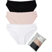 Eslara Kadın 3'lü Paket Pamuklu Fitilli Bikini Külot Seti - Siyah Beyaz Ten
