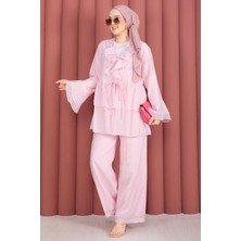 Mdl Önü Bağcık Detaylı Kolları Volanlı Kimono İkili Takım Pembe