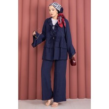 Mdl Önü Bağcık Detaylı Kolları Volanlı Kimono İkili Takım Lacivert