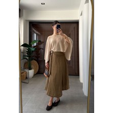 Magarde Özel Ithal Seri Beli Lastikli %100KETEN Etek- Camel