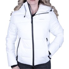 Kapüşonlu Lumberjack Kadın Kısa Mont Beyaz Düz Desenli Uzun Kol Modeli