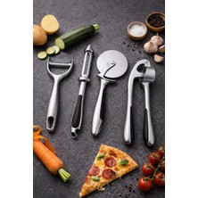 Mis Kitchen Paslanmaz Çelik Mutfak Alet Seti 4’lü Soyacak Spiral Dilimleyici Pizza Kesici Sarımsak Ezici