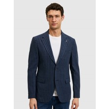 Cacharel Erkek Lacivert Çizgili Slim Fit Yün Karışımlı Klasik Ceket 50273655-VR033