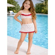 Cg Kids Kiraz Desenli Bikini Takımı Fırfırlı Etekli Mayo Kız Çocuk Alt Üst Takım
