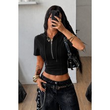 Tarz Cool Kapüşonlu Crop Tişört Fermuarlı Kısa Kollu Kadın Üst Body
