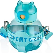 Dora Shopping 720ML Sevimli Silikon Pipetli Özel Kılıflı Askılı Polikarbon Su Matarası (Turkuaz)