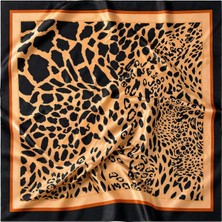 Leopar Desenli Ipek Görünümlü Kahverengi Fular / Bandana / Eşarp - Modern ve Zarif Tasarım