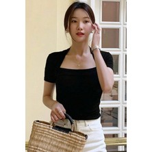 Tarz Cool Kadın Haki Kuğu Yaka Slim Kısa Kollu Fit Crop Bluz
