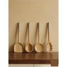 Mis Kitchen Bambu Mutfak Gereçleri Seti 4 Parça | Ahşap Kaşık Kepçe Spatula Seti Paslanmaz Çelik Saplı
