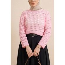 Moda Morfo Kayık Yaka Ajurlu Triko Kazak -Pembe