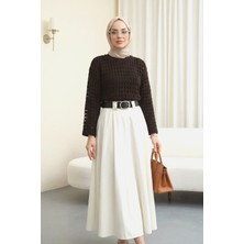 Moda Morfo Kayık Yaka Ajurlu Triko Kazak -K. Kahve
