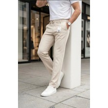 Modamesto Erkek Bej Slim Fit Likralı Yan Cep Bilek Boy Düz Kumaş Pantolon