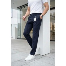 Modamesto Erkek Lacivert Slim Fit Likralı Yan Cep Bilek Boy Düz Kumaş Pantolon