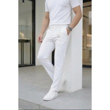 Ser Joven Erkek Beyaz Slim Fit Likralı Yan Cep Bilek Boy Düz Kumaş Pantolon