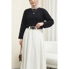 Moda Morfo Kayık Yaka Ajurlu Triko Kazak -Siyah