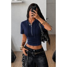 Tarz Cool Kapüşonlu Crop Tişört Fermuarlı Kısa Kollu Kadın Üst Body